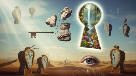 A surreal digital composition features a keyhole revealing a lush landscape. The image showcases classical sculptures, melting clocks, and a watchful eye. The color palette includes earth tones, contrasting with vibrant natural elements. This creative artwork is suitable for various conceptual projects and editorial purposes.の素材