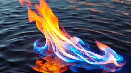 Dynamic image captures colorful flames burning atop a rippled water surface. The composition showcases vivid hues of orange, yellow, and blue contrasted against the dark backdrop. The overall aesthetic suggests a tranquil yet powerful scene. Suitable for illustrating concepts related to energy, nature, or visual art.の素材