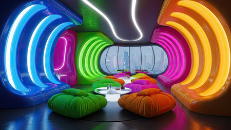 This image showcases a modern interior with bold, colorful lighting illuminating curved wall features. The composition highlights a futuristic design with vibrant hues. The setting suggests an indoor environment, potentially for design or architectural concepts and commercial applications.の素材