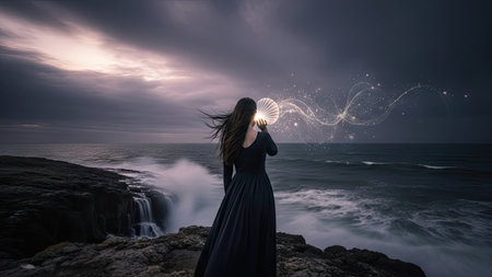 A woman stands on a rocky coastline, gazing at a glowing sphere that emits light. The scene is set under a dark, overcast sky over the ocean. The image features a blend of natural and mystical elements, enhanced by dramatic lighting. Suitable for use in fantasy, conceptual, or illustrative projects.の素材