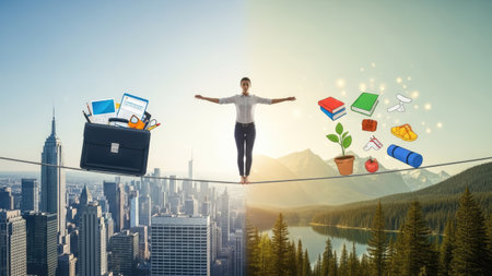 A woman stands balanced on a tightrope, arms outstretched, dividing a cityscape and a natural landscape. The left side showcases a briefcase and office elements, while the right features items representing personal growth and relaxation. This visually striking image utilizes vibrant colors and creative composition, suitable for illustrating work-life balance concepts for various media.の素材