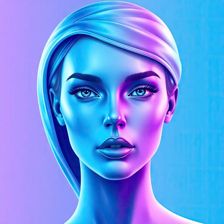 A close-up portrait of a woman rendered in digital art displays striking blue and purple hues across her features. The composition highlights her face and expression. The image is brightly lit, using an overhead light, and could serve in conceptual or design projects.の素材
