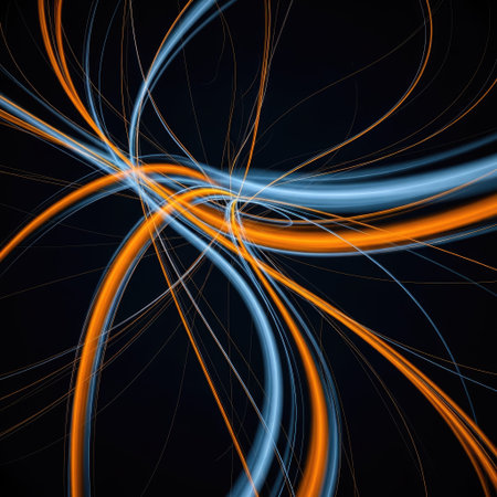 Dynamic composition featuring orange and blue flowing lines against a deep black backdrop. The image utilizes light and shadow to create a sense of movement. Suitable for illustrating concepts of technology, data, or energy. Can be used in various commercial applications and design projects.の素材