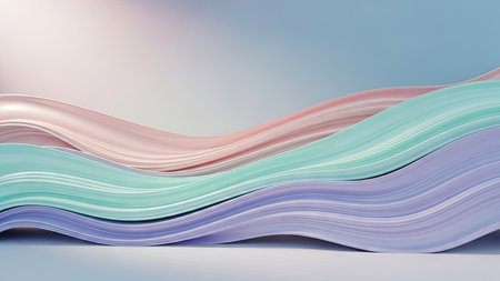 Three layers of flowing ribbons dominate the image, showcasing soft pastel colors of pink, green, and purple. The composition features a gentle wave-like pattern across a blurred background. The soft lighting and gradients create a serene and elegant feel suitable for various design projects and commercial applications.の素材