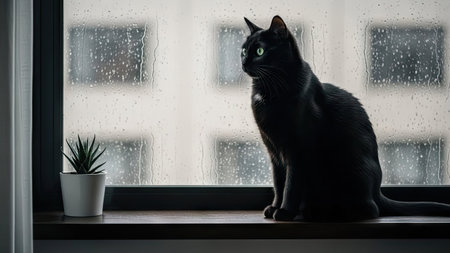 A sleek black cat is positioned on a windowsill, gazing outwards at a rain-streaked window. The indoor scene features soft lighting and a muted color palette dominated by grays and blacks. The image is suitable for a variety of editorial or commercial purposes.の素材