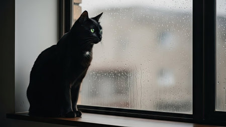 A sleek black cat is positioned on a windowsill, looking out through a rain-streaked window. The image displays soft lighting and a blurred background suggesting an indoor setting. This photograph could be utilized for various commercial purposes, including website design or editorial content.の素材