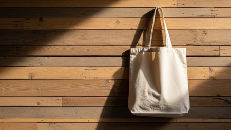 A plain canvas tote bag hangs against a textured wooden wall. The bag appears light-colored, possibly white or cream, and is contrasted by the natural wood grain and shadows. The image showcases natural lighting, emphasizing the details of the bag and the wall. This could be useful for designs, presentations, or retail concepts.の素材