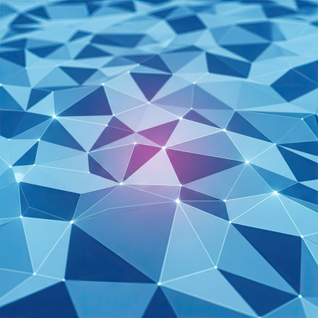 This abstract image features a three-dimensional polygonal structure in various shades of blue and purple. The interconnected triangular shapes create a dynamic, textured surface with highlights. Subtle lighting adds depth, suggesting a digital or conceptual environment suitable for commercial applications and creative projects.の素材