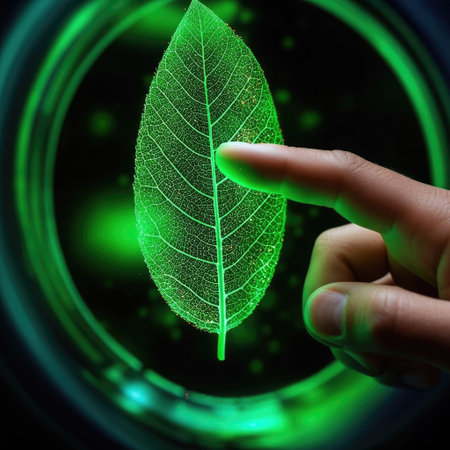 A close-up captures a glowing green leaf being touched by a finger against a dark, circular backdrop. The leaf exhibits intricate vein details, highlighted by vibrant illumination. The composition suggests a science fiction or technological theme with the bright colors. Ideal for use in projects related to technology or the environment.の素材