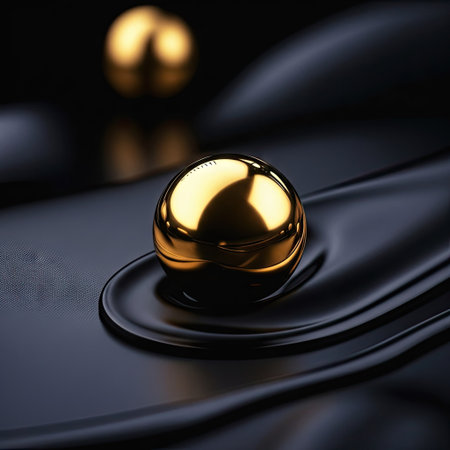 Two golden spheres sit on a smooth black surface in this visually striking image. The composition highlights the reflective properties of the spheres, enhanced by soft lighting. The overall style suggests a modern, minimalist design, suitable for various commercial or artistic applications.の素材