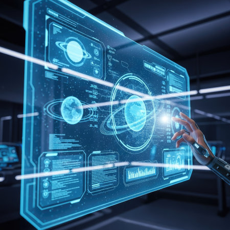A close-up image showcases a large, transparent screen with intricate data visualizations, likely planets, accessed by a reaching hand. The screen has a digital interface, with a blue color scheme. The composition is set in a high-tech environment. This image could be used for science, technology, or editorial content.の素材