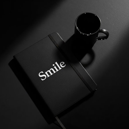 A top-down composition presents a black mug and a notebook with the word "Smile" on the cover. The scene is mostly monochrome with high-contrast lighting creating shadows. The design suggests a studio setup, ideal for visual concepts. Suitable for commercial projects.の素材
