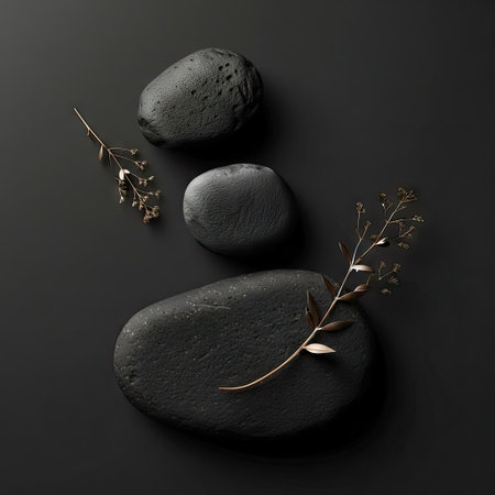 Three smooth, dark stones and slender botanical accents are arranged against a deep black backdrop. The scene exhibits a minimalist aesthetic, featuring a high-angle composition with soft lighting. This image could be suitable for various commercial uses, including product backgrounds, or artistic concepts.の素材