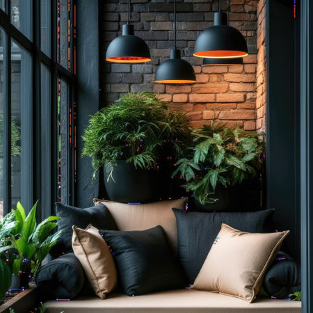 An inviting interior scene features black and beige cushions arranged on a bench. Lush green plants in pots add a natural element, complemented by hanging pendant lamps. The warm lighting and brick wall create a cozy atmosphere suitable for various commercial or decorative projects.の素材