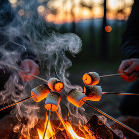 Close-up shot shows marshmallows on skewers being roasted over a campfire. The scene features glowing orange flames, smoke, and a blurred background suggesting a natural outdoor setting. The image uses a shallow depth of field, with soft lighting and warm colors. Potential uses include editorial illustrations or advertising visuals.の素材