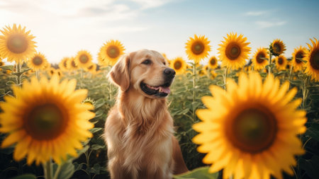 A golden retriever dog stands amidst a field of vibrant sunflowers, bathed in warm sunlight. The image showcases a soft, natural color palette with a shallow depth of field, highlighting the dog and the blooms. This scene, suggestive of rural settings, could serve various commercial or editorial applications.の素材
