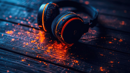 A pair of wireless headphones rests on a dark wooden surface. The headphones feature orange lighting elements. The image displays a close-up composition with high contrast and shallow depth of field. This image is suitable for various commercial applications, including advertising and editorial content.の素材