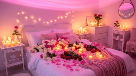 This interior scene showcases a bedroom with soft pink lighting, decorated with flowers, candles and string lights. The composition highlights a bed adorned with rose petals, surrounded by additional candles on the bedside tables and dresser. This image could be suitable for themes related to celebrations, romance, and home decor.の素材