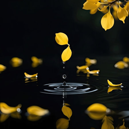 The image captures yellow petals floating on a dark reflective surface. A water droplet is suspended mid-air above the rippled water, surrounded by other petals. The composition features a shallow depth of field, with soft lighting and a dramatic, high-contrast style. It can be used for artistic or illustrative purposes.の素材