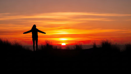 A silhouette of a person stands with arms outstretched against a vivid sunset. The scene displays warm hues of orange and red, suggesting a tranquil outdoor setting. The composition emphasizes the contrast between the dark figure and the bright sky, suitable for various editorial and promotional purposes.の素材