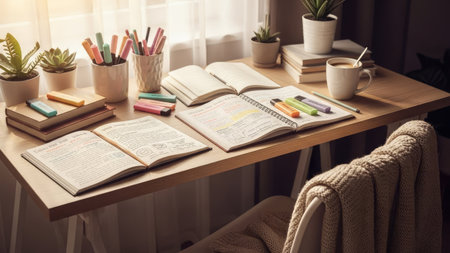 An inviting study desk is displayed, featuring open books, various stationery, and a warm cup of coffee. The composition includes potted plants and a soft blanket, suggesting a comfortable environment. The lighting is soft and diffused, indicative of a daytime setting, suitable for educational or lifestyle imagery.の素材
