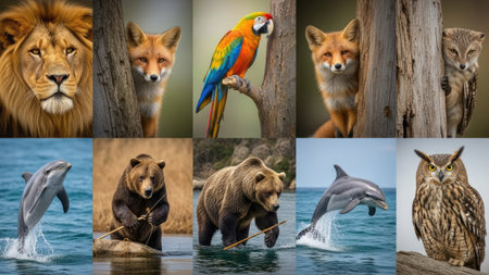 This image presents a collage of various wildlife animals. It showcases a lion, fox, parrot, bear, dolphin, and owl. The composition features diverse textures, including fur, feathers, and scales. The animals are set against natural backgrounds, suggesting an outdoor environment. This visual is suitable for commercial and editorial purposes.の素材