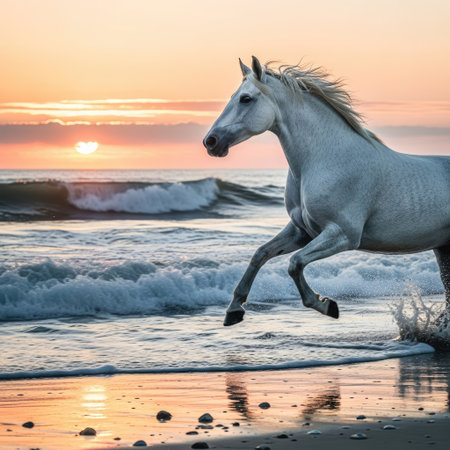 A white horse gallops along a sandy beach as ocean waves crash in the background. The image features warm colors of orange and yellow from the sunset sky. The style is naturalistic with the horse in motion. Suitable for diverse applications including advertising or editorial content.の素材