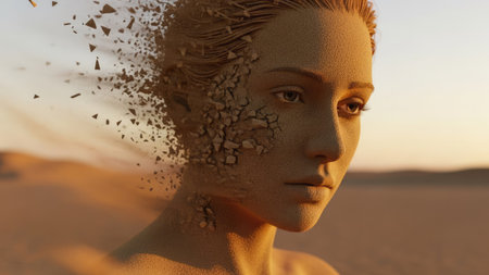A digital art piece shows a woman's face with parts dissolving into particles. The image displays warm tones and a shallow depth of field, with dust and a desert landscape in the background. This image could be used for conceptual or artistic projects, as well as for commercial purposes.の素材
