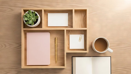 An overhead view reveals a wooden organizer filled with various items. A succulent plant, notebook, pen, and coffee cup are visible. Neutral tones and natural light create a calm atmosphere. This image could be used for various purposes, including website design or editorial content.の素材