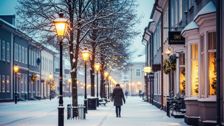 A person walks down a snow-covered street flanked by vintage lampposts and buildings. The scene displays a winter environment, illuminated by the warm glow of the streetlights against the cold blue tones of the snow. This image could be used for editorial purposes, providing a visual representation of winter or seasonal themes.の素材