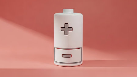 A minimalist illustration shows a battery symbol, featuring a clean white cylinder with plus and minus markings. The image uses soft lighting and a solid background, creating a simple composition. Its style suits various commercial applications, including technology, design, and educational content. The image highlights energy and power.の素材