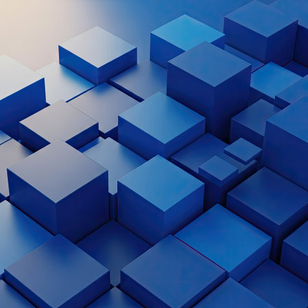 This image presents an abstract composition of blue cubes arranged in a textured pattern. The cubes vary in size, creating a dynamic visual effect. The lighting suggests a soft, indirect source, enhancing the three-dimensional quality of the shapes. This image could be used for various purposes, including website backgrounds or graphic design elements.の素材