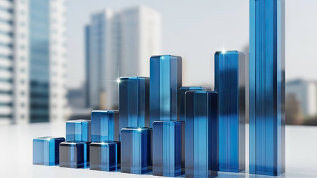 This image presents an abstract blue chart composed of vertical rectangular elements. The composition suggests financial progress. The glossy surfaces reflect light, adding visual depth. The style is modern. It could be used in business presentations, financial reports, or related editorial contexts to illustrate success.の素材