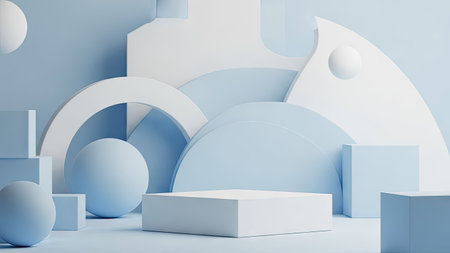 This image showcases a minimalist composition of geometric shapes in shades of pastel blue and white. The design features spheres, cubes, and curved forms, creating a modern and clean aesthetic. The lighting highlights the textures and depth of the forms against a neutral background, suitable for various design and advertising projects.の素材