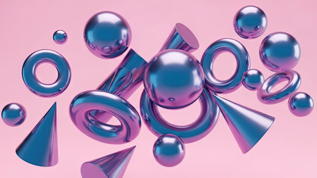 This image showcases an assortment of metallic geometric shapes, including spheres, cones, and toruses, arranged against a soft pink backdrop. The forms display a glossy texture with reflections, enhancing their three-dimensional appearance. The lighting creates highlights and shadows, providing depth and volume. This versatile composition is suitable for various design projects.の素材
