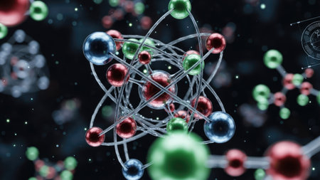 An abstract illustration shows a molecular structure composed of spheres and connecting lines. The composition features diverse colors like red, green, and blue against a dark background, with a focus on depth and detail. It evokes a scientific or technological setting, suitable for visual representations in research or educational contexts.の素材