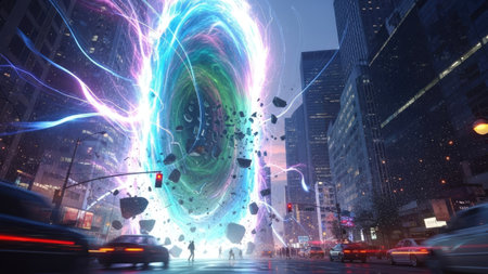 An abstract illustration shows a large energy portal opening in a city street. The image features a vibrant display of blues, greens, and purples with dynamic light patterns. Tall buildings and cars are present. Suitable for science fiction concepts, digital design, or visual media projects.の素材