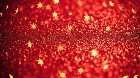 This image features a vibrant red background with numerous small, star-shaped highlights creating a bokeh effect. The texture appears glittery, and the lighting suggests a soft, diffused source. This could be useful for festive or celebratory designs, or to add visual interest to various commercial projects.の素材