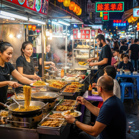 An active street food market features vendors preparing and serving meals to seated and standing customers. The image shows a close-up on the preparation, with different ingredients and the meals. It has a warm color palette with bright overhead lighting. Suitable for use in articles or illustrations related to culinary culture.の素材