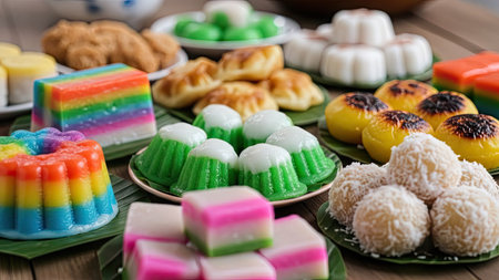 A vibrant assortment of various desserts is arranged, showcasing diverse shapes and colors. The arrangement features layered cakes, jellies, and pastries. The composition includes overhead lighting and a soft focus. Suitable for culinary publications, food-related websites, and advertising campaigns.の素材