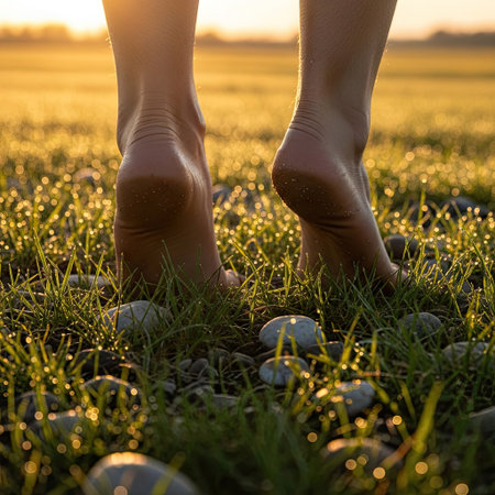 A close-up captures bare feet stepping through vibrant green grass. The image features soft focus and warm sunlight creating a gentle atmosphere. Dewdrops glisten on the blades. This serene photograph would be suitable for use in wellness, nature, or lifestyle projects, as well as editorial content.の素材