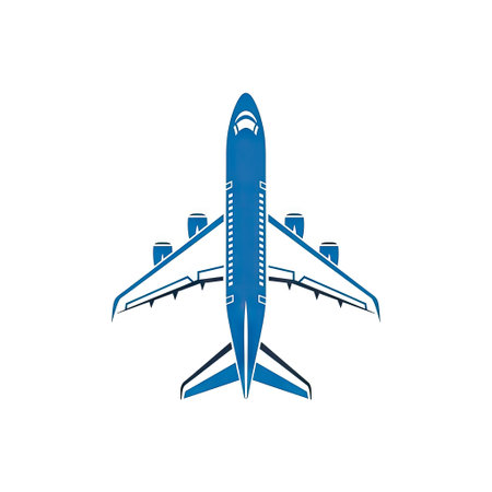 This overhead illustration depicts a blue airplane against a stark white backdrop. The graphic showcases detailed wing and fuselage structure. Suitable for commercial purposes, the artwork's clean lines and high contrast offer versatility for various uses. It is likely used to represent transport or travel.の素材