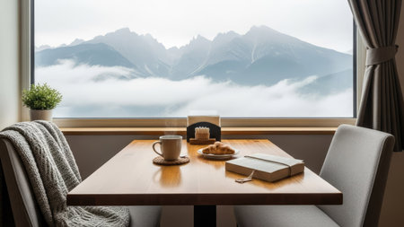 A well-lit interior scene presents a wooden table set for breakfast. A cup of coffee, pastries, and a notebook are arranged on the table. A window offers a view of a mountain range partially obscured by clouds. This image could be used for various purposes, including editorial and commercial projects.の素材