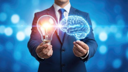 A business professional in a suit is depicted holding a bright light bulb and a glowing brain symbol. The image showcases a blue backdrop, highlighting the concepts of innovation and thought processes. Ideal for illustrative uses related to business, technology, and strategic planning, the image is composed with focused lighting.の素材