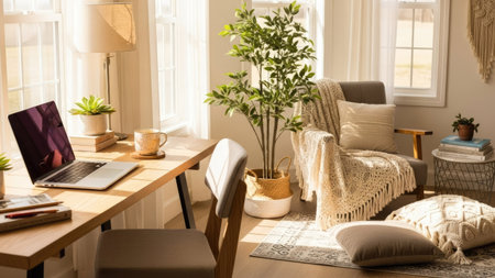 A well-lit interior scene presents a home office setup, featuring a desk with a laptop, a chair, and a decorative plant. The composition includes an armchair, pillows, and a side table, with natural light streaming through the windows. This image could be used for various commercial or editorial projects related to lifestyle or interior design.の素材