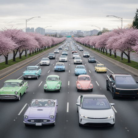 A diverse array of classic cars travels on a multi-lane road. The image showcases a medium shot of the vehicles with the cars in various colors and designs. Pink cherry blossom trees line the sides of the road. It may be suitable for automotive, travel, or seasonal content.の素材