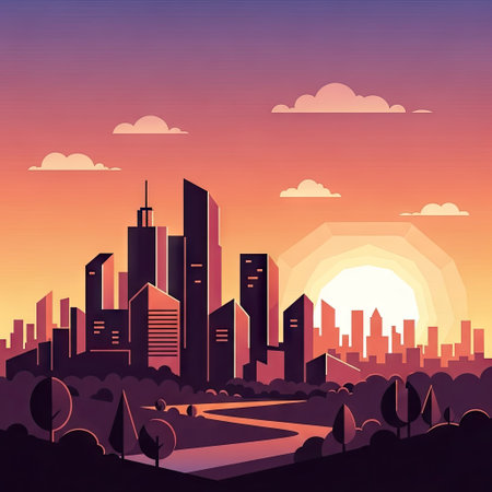 An illustrated cityscape showcases various buildings with a warm sunset. The artwork employs a minimalist style with a focus on flat colors and clean lines. The composition suggests an outdoor setting during dusk with stylized clouds and trees, potentially suitable for editorial or marketing visuals.の素材