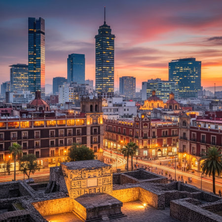 A cityscape unfolds beneath a vibrant sunset, showcasing modern skyscrapers alongside historical buildings. The composition reveals various architectural styles illuminated by warm artificial lighting. This image could be used for articles, travel brochures, or marketing materials.の素材