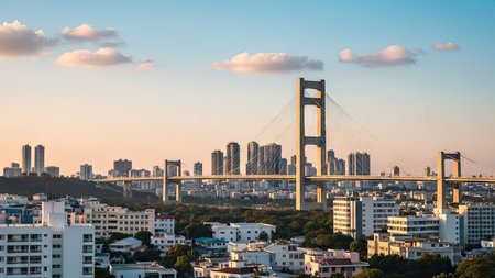 An urban scene features a suspension bridge spanning across a city. Buildings of various heights create a dense skyline. The image showcases natural lighting and a wide angle. It is suitable for architectural, travel, or infrastructure related projects, and is appropriate for commercial or editorial applications.の素材