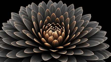 This image showcases a close-up view of a flower in full bloom, featuring detailed petals. The composition highlights the textures and shapes of the flower, set against a dark backdrop. The visual style may be used for various commercial purposes, suitable for digital art, and design projects.の素材